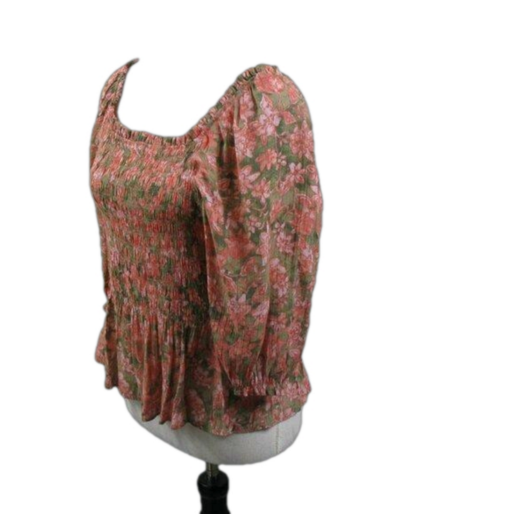 Nanette Lepore Rose/Green Floral Boho 3/4 Sleeve Blouse Size Large - Picture 3 of 6